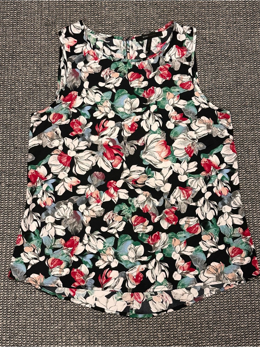 BCBGMaxAzria Black Floral Sleeveless Top with Red, White & Green Accents